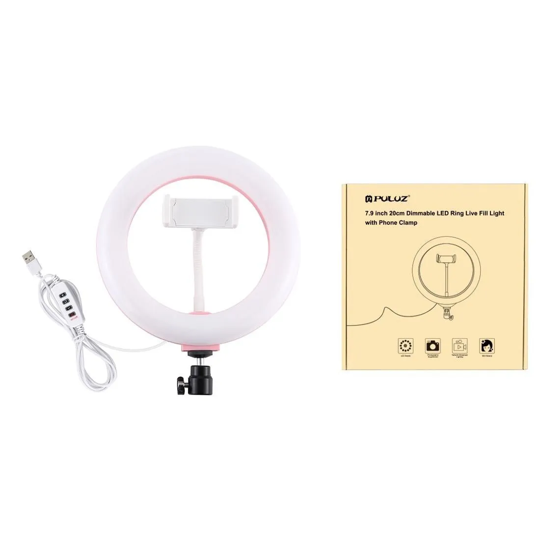 20cm USB Dual Colour LED Ring Light with Phone Clamp | Pink