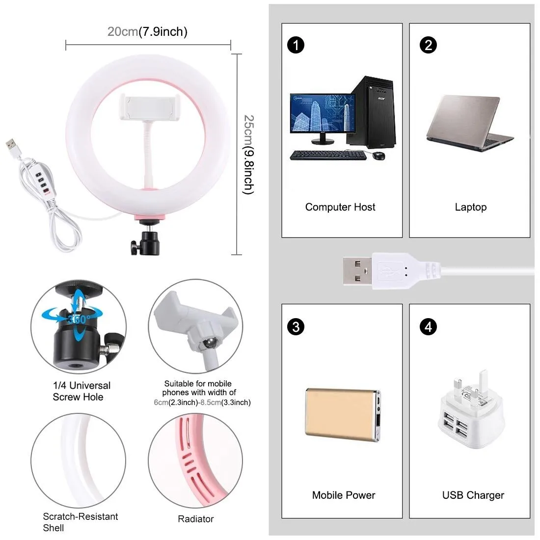 20cm USB Dual Colour LED Ring Light with Phone Clamp | Pink