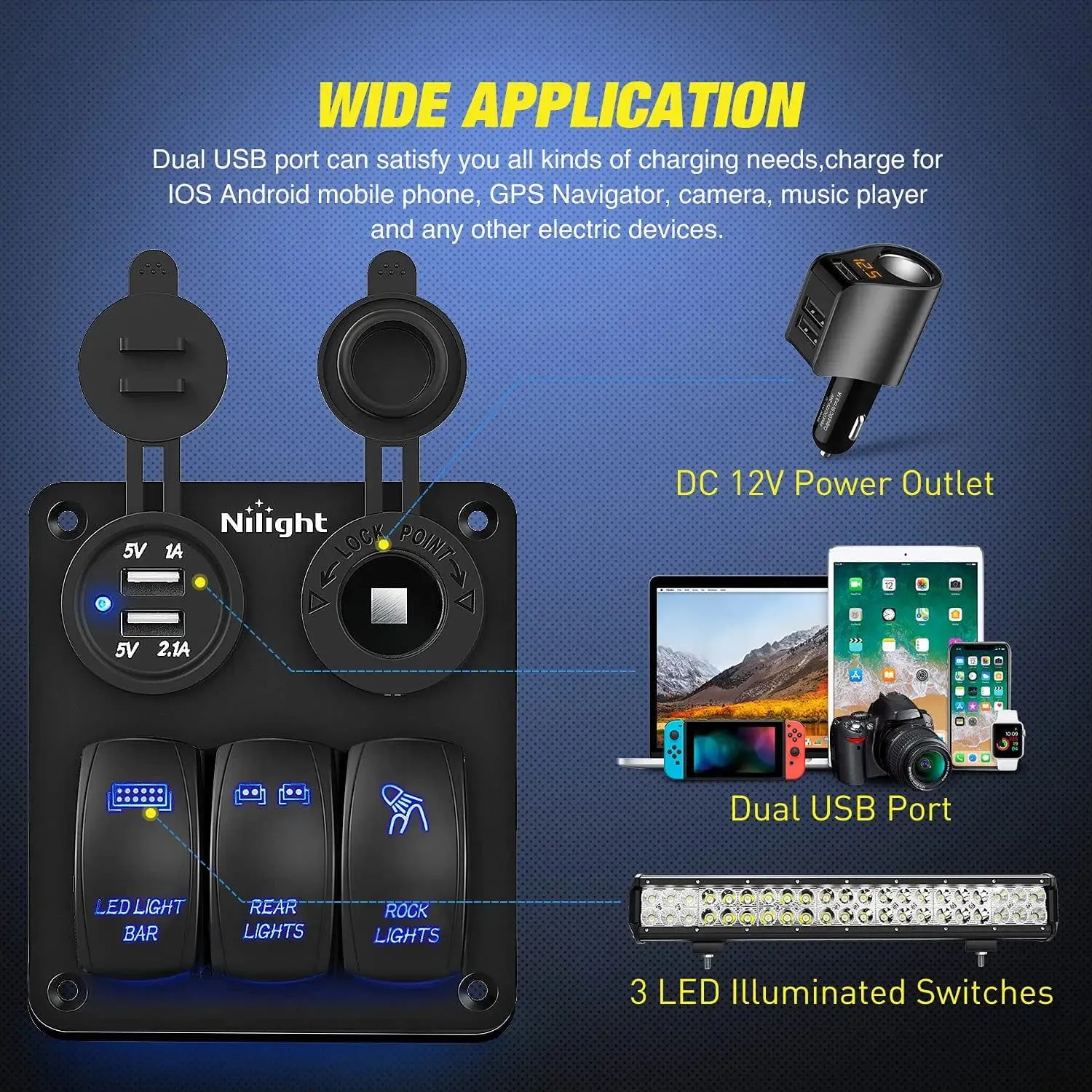 3Gang Led Light Bar/Rear Lights/Rock Lights 5Pin ON/Off Rocker Switch Panel W/ USB Charger Cigarette Lighter