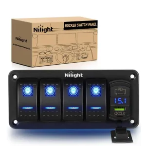 4Gang Aluminum 5Pin ON/Off Blue Rocker Switch Panel w/ PD Type C and USB Charger Voltmeter