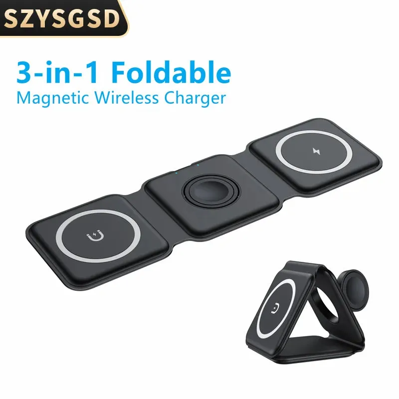 Fast 15W Foldable Magnetic Wireless Chargers for iPhone 13 11 12Pro Max Portable 3 in 1 Wireless Charger for Apple Watch/AirPods