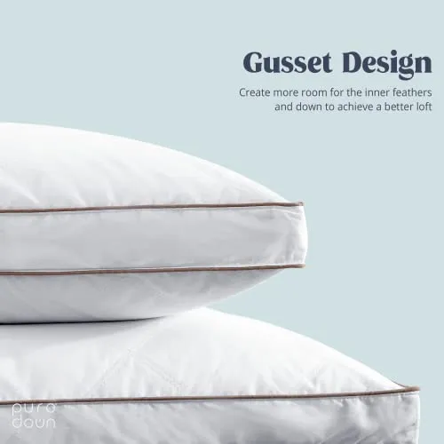 puredown Goose Feathers and Down Pillow for Sleeping Gusseted Bed Hotel Collection Pillows, Standard/Queen, Set of 2