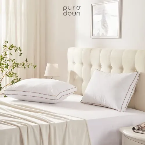 puredown Goose Feathers and Down Pillow for Sleeping Gusseted Bed Hotel Collection Pillows, Standard/Queen, Set of 2
