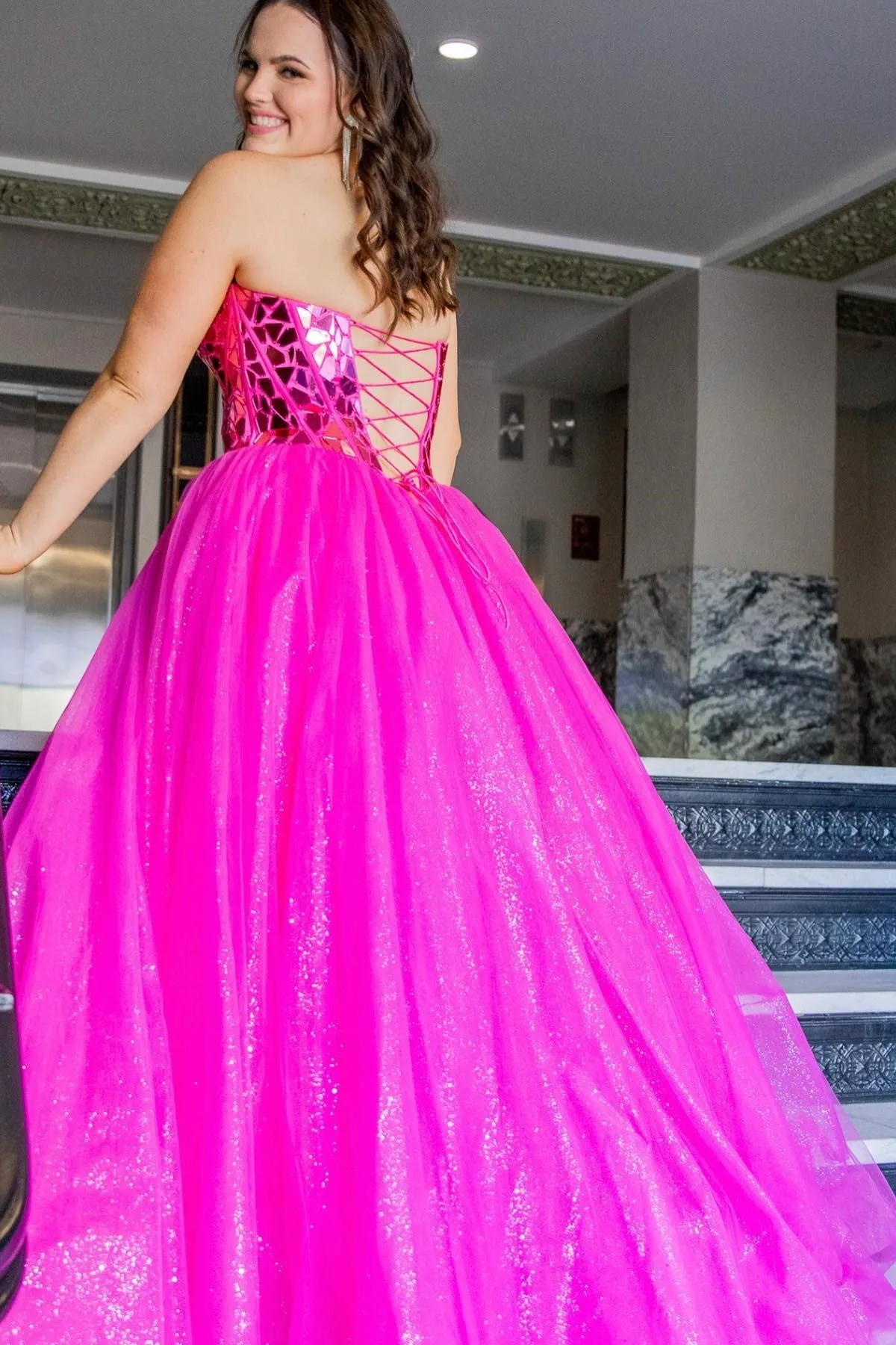 Sweetheart Blue Broken Mirrors A-line Long Prom Gown