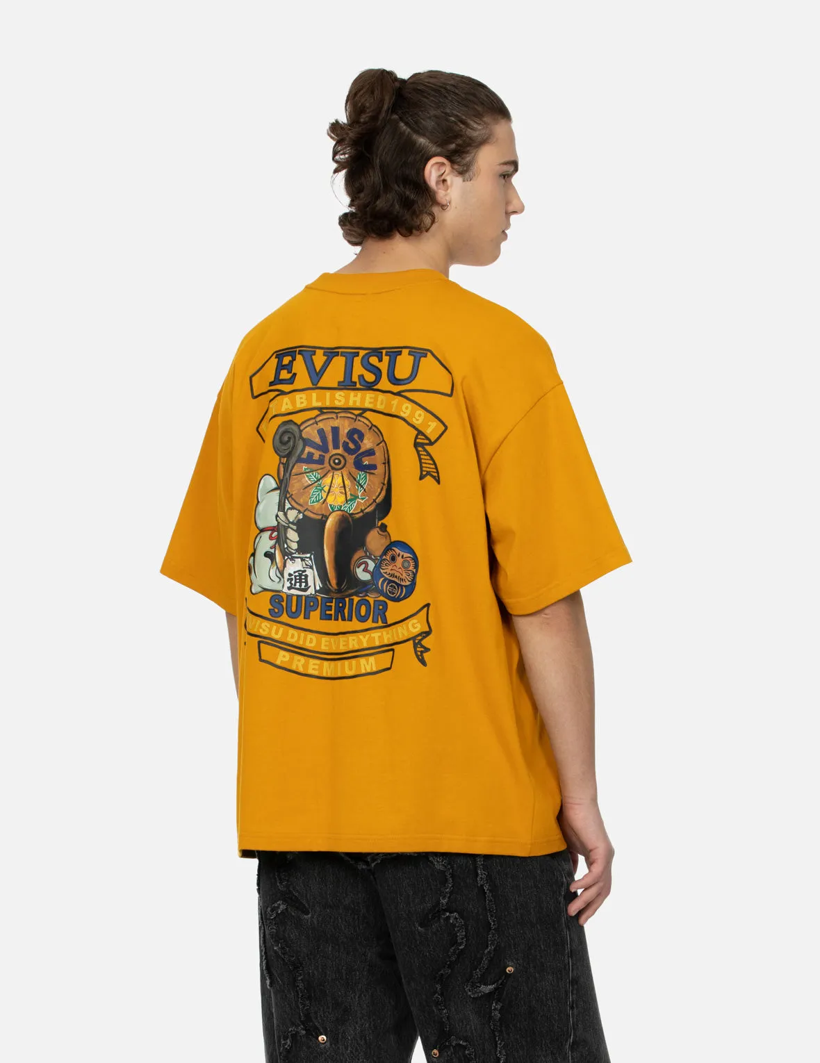 Tanuki and Fortune Cat Print Loose Fit T-Shirt