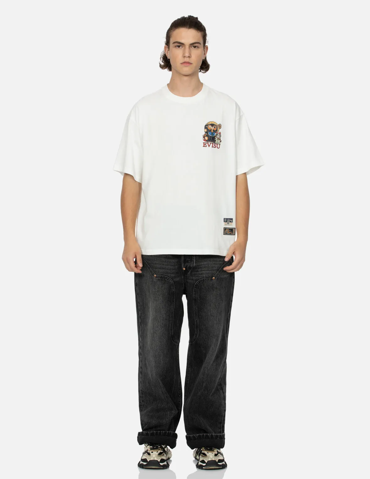 Tanuki and Fortune Cat Print Loose Fit T-Shirt